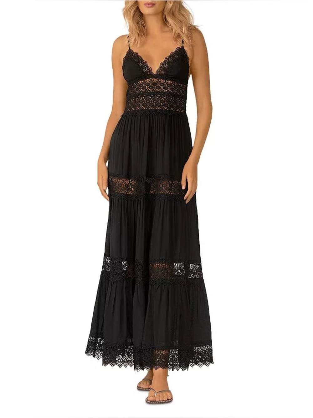 Elan size S Women's Black guipure Lace-Trim Maxi Dress